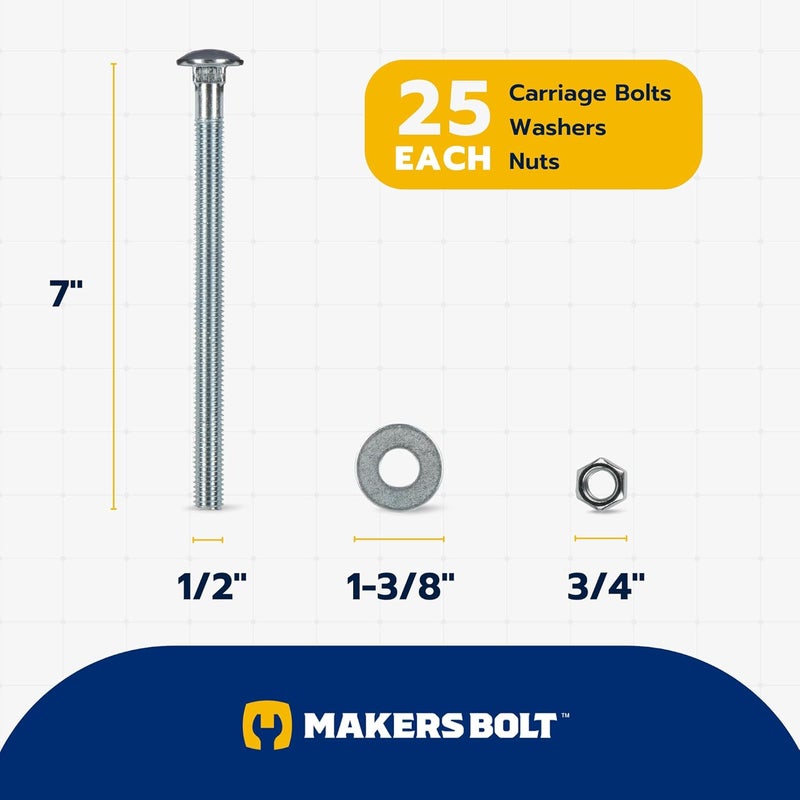 MAKERS BOLT 1/2" x 7" (25 Pack) Zinc Carriage Bolt Kit, Grade 307A by - Image 2
